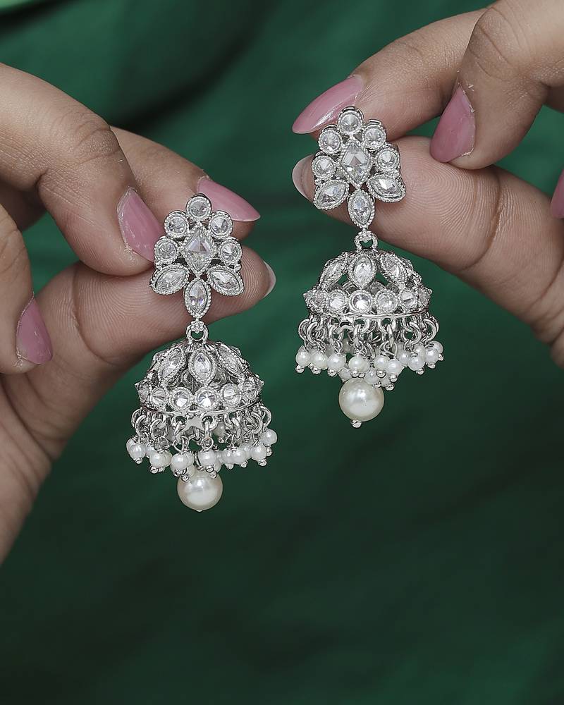 Round and pear shape silver plated white kundan stone brass jhumki earring for women and girls