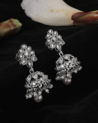 Round and pear shape silver plated white kundan stone brass jhumki earring for women and girls 2
