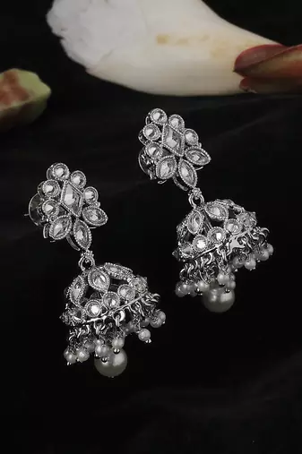 Round and pear shape silver plated white kundan stone brass jhumki earring for women and girls