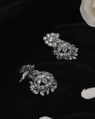 Round and pear shape silver plated white kundan stone brass jhumki earring for women and girls 3