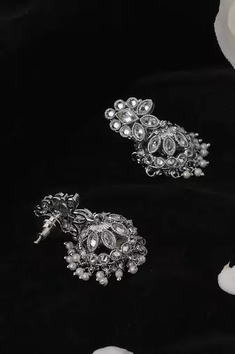 Round and pear shape silver plated white kundan stone brass jhumki earring for women and girls