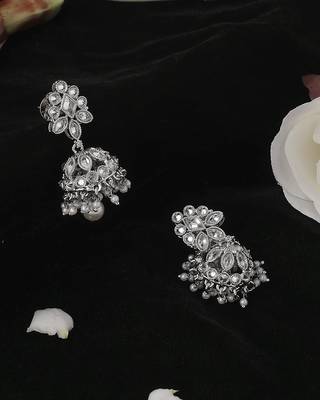 Round and pear shape silver plated white kundan stone brass jhumki earring for women and girls 4