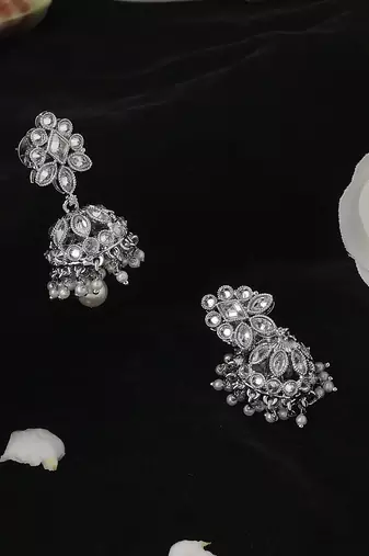 Round and pear shape silver plated white kundan stone brass jhumki earring for women and girls