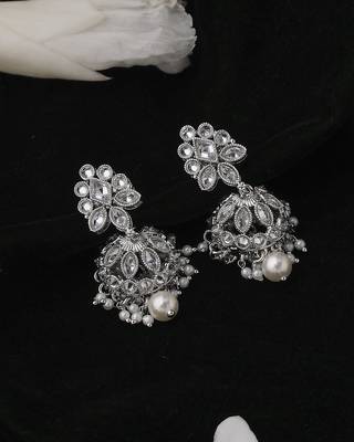 Round and pear shape silver plated white kundan stone brass jhumki earring for women and girls 5