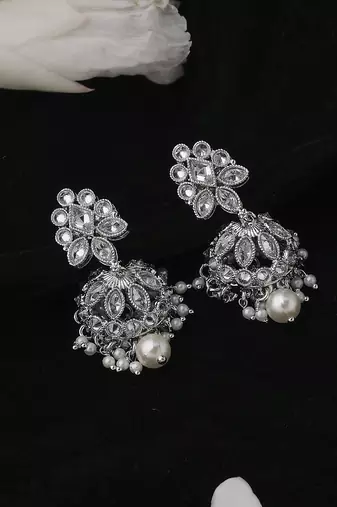 Round and pear shape silver plated white kundan stone brass jhumki earring for women and girls