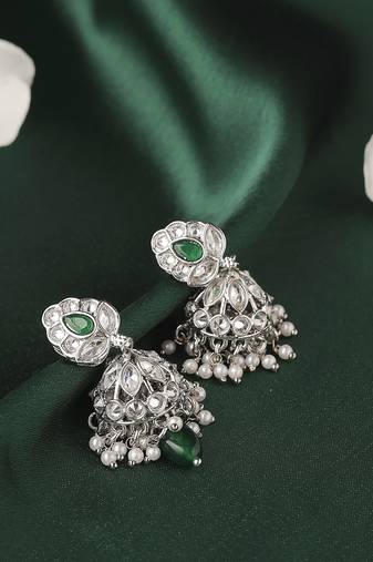 Lavish leaf and pear shape silver plated green kundan stone brass jhumki earring for women and girls