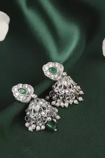 Lavish leaf and pear shape silver plated green kundan stone brass jhumki earring for women and girls