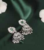 Lavish leaf and pear shape silver plated green kundan stone brass jhumki earring for women and girls