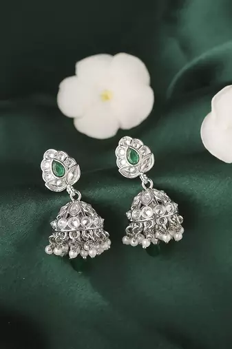 Lavish leaf and pear shape silver plated green kundan stone brass jhumki earring for women and girls