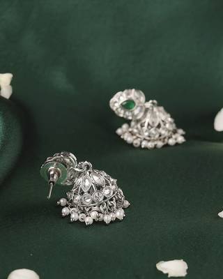 Lavish leaf and pear shape silver plated green kundan stone brass jhumki earring for women and girls 3
