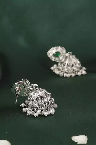 Lavish leaf and pear shape silver plated green kundan stone brass jhumki earring for women and girls