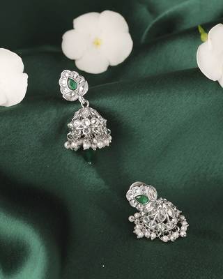 Lavish leaf and pear shape silver plated green kundan stone brass jhumki earring for women and girls 4