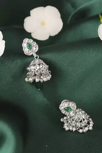 Lavish leaf and pear shape silver plated green kundan stone brass jhumki earring for women and girls