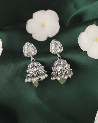 Leaf and pear shape silver plated light green kundan stone brass jhumki earring for women and girls 1