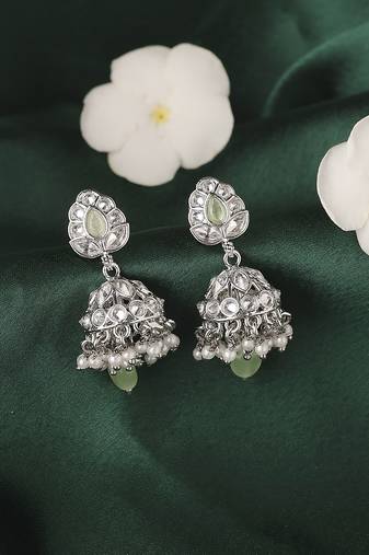 Leaf and pear shape silver plated light green kundan stone brass jhumki earring for women and girls