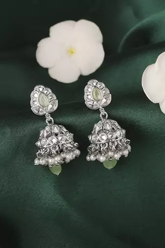 Leaf and pear shape silver plated light green kundan stone brass jhumki earring for women and girls