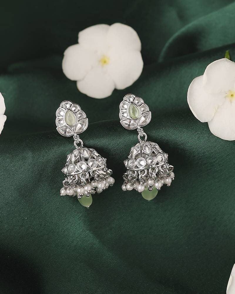 Leaf and pear shape silver plated light green kundan stone brass jhumki earring for women and girls