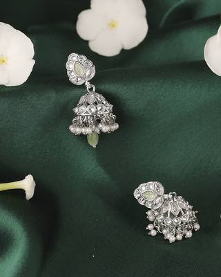 Leaf and pear shape silver plated light green kundan stone brass jhumki earring for women and girls 2