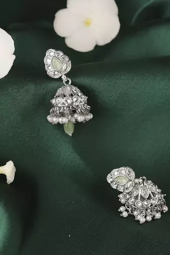 Leaf and pear shape silver plated light green kundan stone brass jhumki earring for women and girls