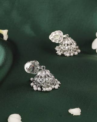 Leaf and pear shape silver plated light green kundan stone brass jhumki earring for women and girls 3