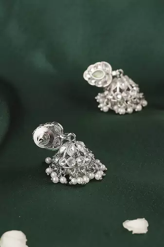Leaf and pear shape silver plated light green kundan stone brass jhumki earring for women and girls