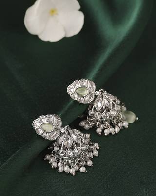 Leaf and pear shape silver plated light green kundan stone brass jhumki earring for women and girls 4