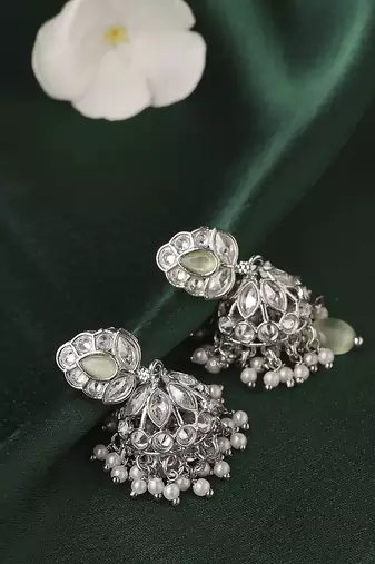 Leaf and pear shape silver plated light green kundan stone brass jhumki earring for women and girls