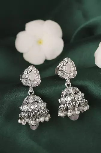 Modish leaf and pear shape silver plated pink kundan stone brass jhumki earring for women and girls