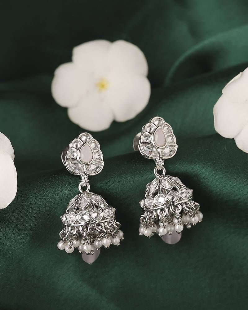 Modish leaf and pear shape silver plated pink kundan stone brass jhumki earring for women and girls
