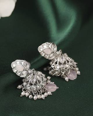 Modish leaf and pear shape silver plated pink kundan stone brass jhumki earring for women and girls 2