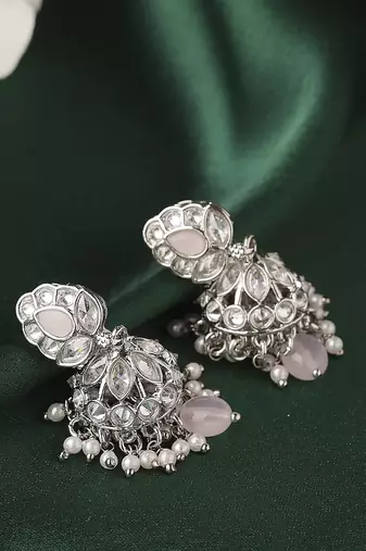 Modish leaf and pear shape silver plated pink kundan stone brass jhumki earring for women and girls