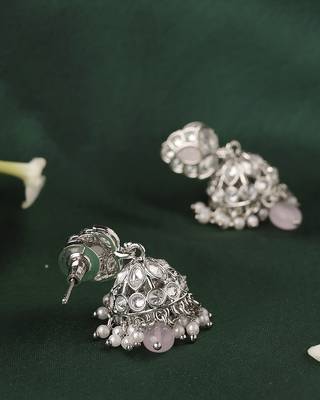 Modish leaf and pear shape silver plated pink kundan stone brass jhumki earring for women and girls 3