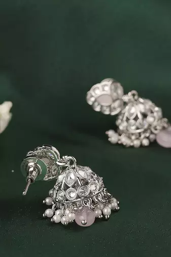 Modish leaf and pear shape silver plated pink kundan stone brass jhumki earring for women and girls
