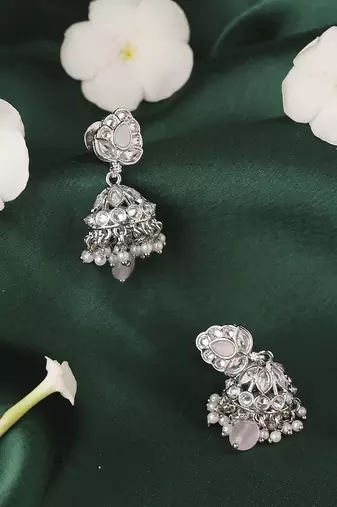 Modish leaf and pear shape silver plated pink kundan stone brass jhumki earring for women and girls