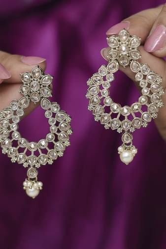 Pear and flower design gold plated brown kundan stone chandelier earring for women and girls