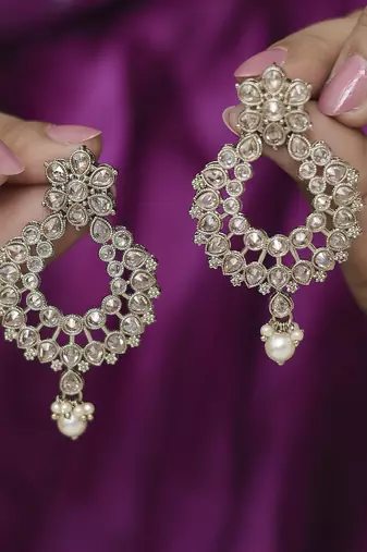 Pear and flower design gold plated brown kundan stone chandelier earring for women and girls