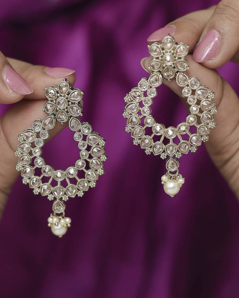 Pear and flower design gold plated brown kundan stone chandelier earring for women and girls