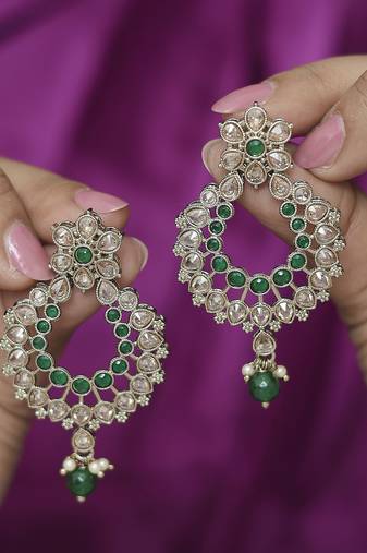 Pear and flower design gold plated green kundan stone chandelier earring for women and girls