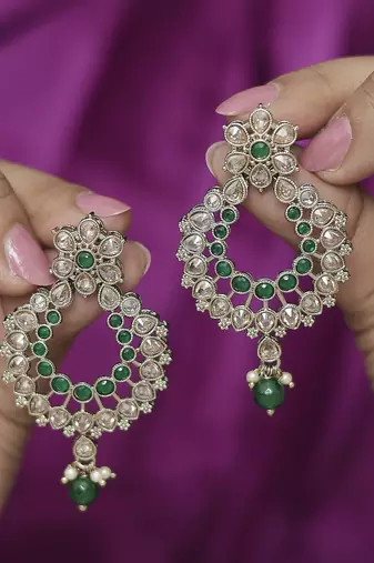 Pear and flower design gold plated green kundan stone chandelier earring for women and girls