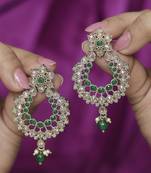 Pear and flower design gold plated green kundan stone chandelier earring for women and girls