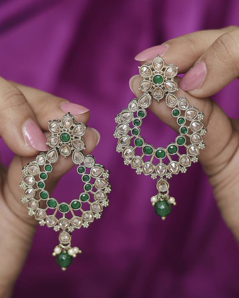 Pear and flower design gold plated green kundan stone chandelier earring for women and girls