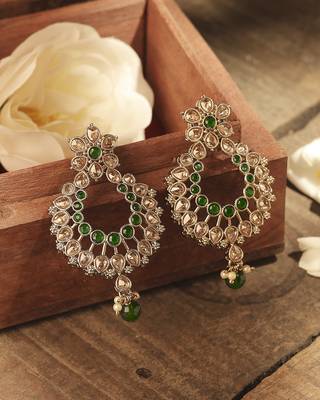 Pear and flower design gold plated green kundan stone chandelier earring for women and girls 2