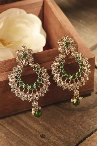 Pear and flower design gold plated green kundan stone chandelier earring for women and girls