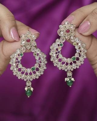 Pear and flower design gold plated multi kundan stone chandelier earring for women and girls 1
