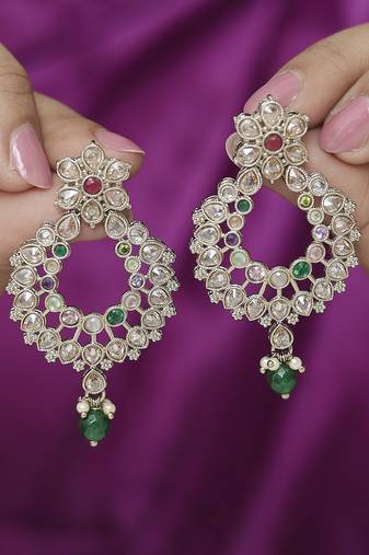 Pear and flower design gold plated multi kundan stone chandelier earring for women and girls