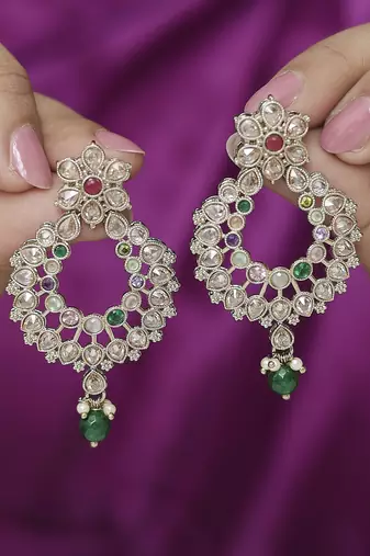Pear and flower design gold plated multi kundan stone chandelier earring for women and girls
