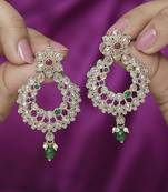 Pear and flower design gold plated multi kundan stone chandelier earring for women and girls