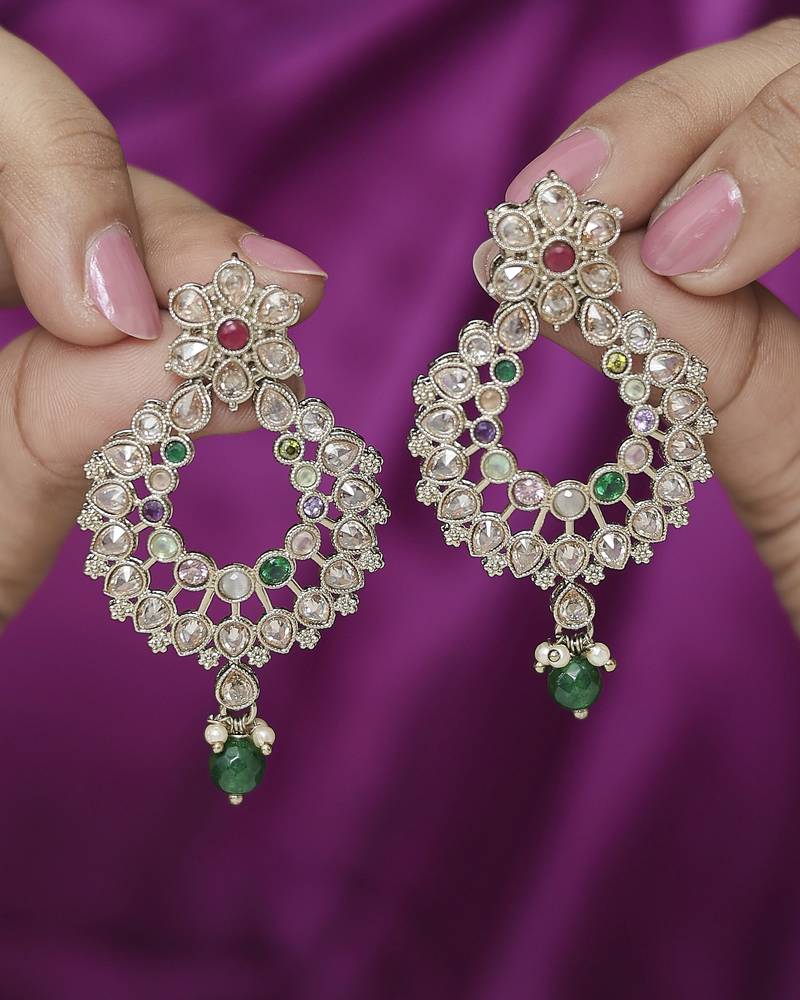 Pear and flower design gold plated multi kundan stone chandelier earring for women and girls