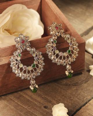 Pear and flower design gold plated multi kundan stone chandelier earring for women and girls 2