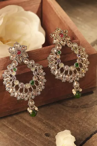Pear and flower design gold plated multi kundan stone chandelier earring for women and girls